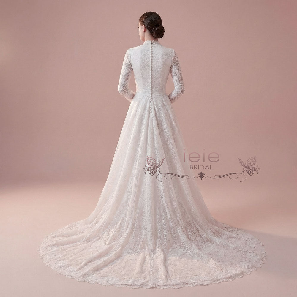 English Modest Lace Wedding Dress with Sleeves | EMMELINE