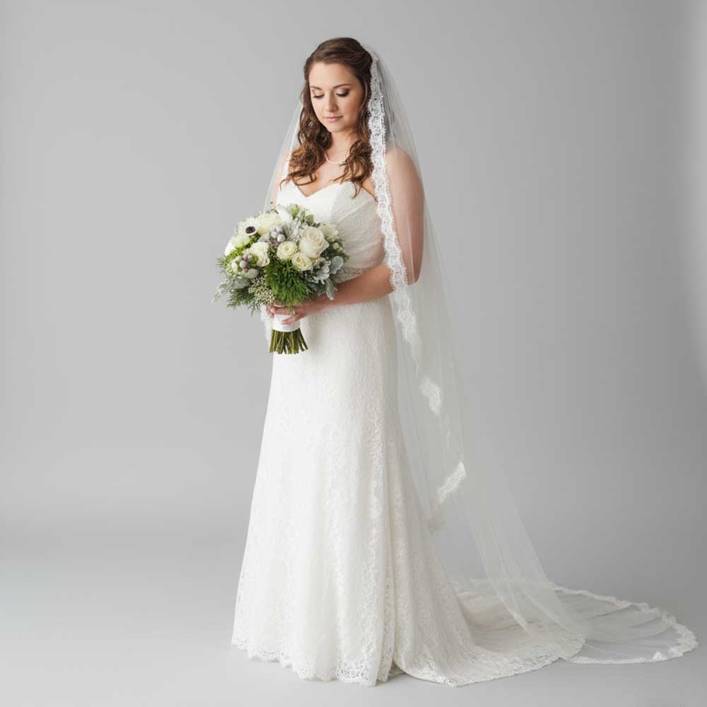 Eye Lash Lace Trim Edge Chapel and Cathedral Length Long Wedding Veil VG1005