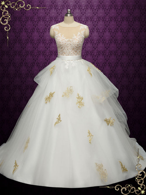 gold top wedding dress Spaghetti Straps Cream Lace Top Simple A-line Beach Wedding Dress, WD3 –  SposaBridal main image 1