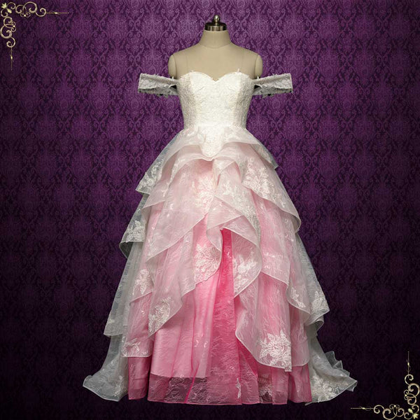 Barbie Pink Ombre Lace Tiered Ball Gown Wedding Dress | ERIS