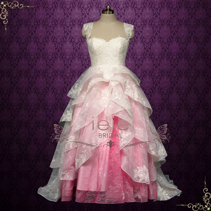 Barbie Pink Ombre Lace Tiered Ball Gown Wedding Dress | ERIS