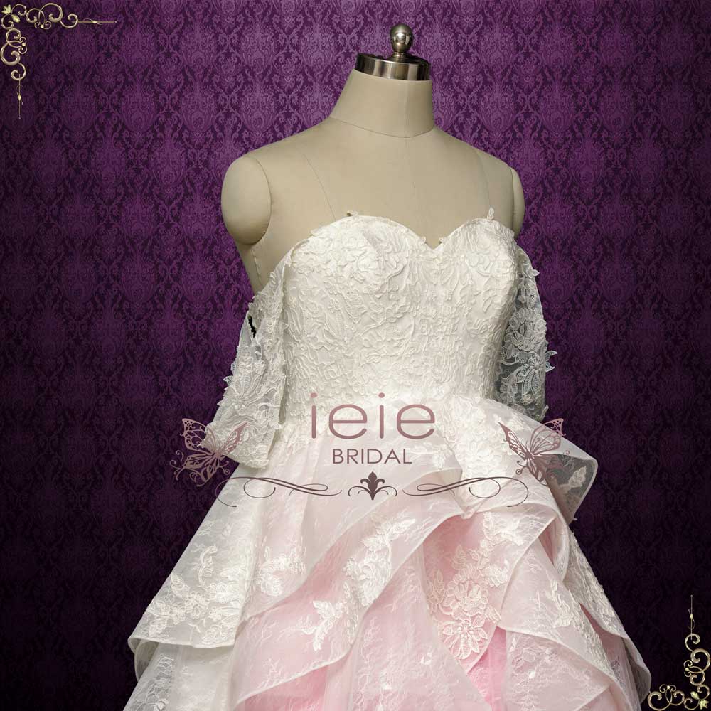Barbie Pink Ombre Lace Tiered Ball Gown Wedding Dress