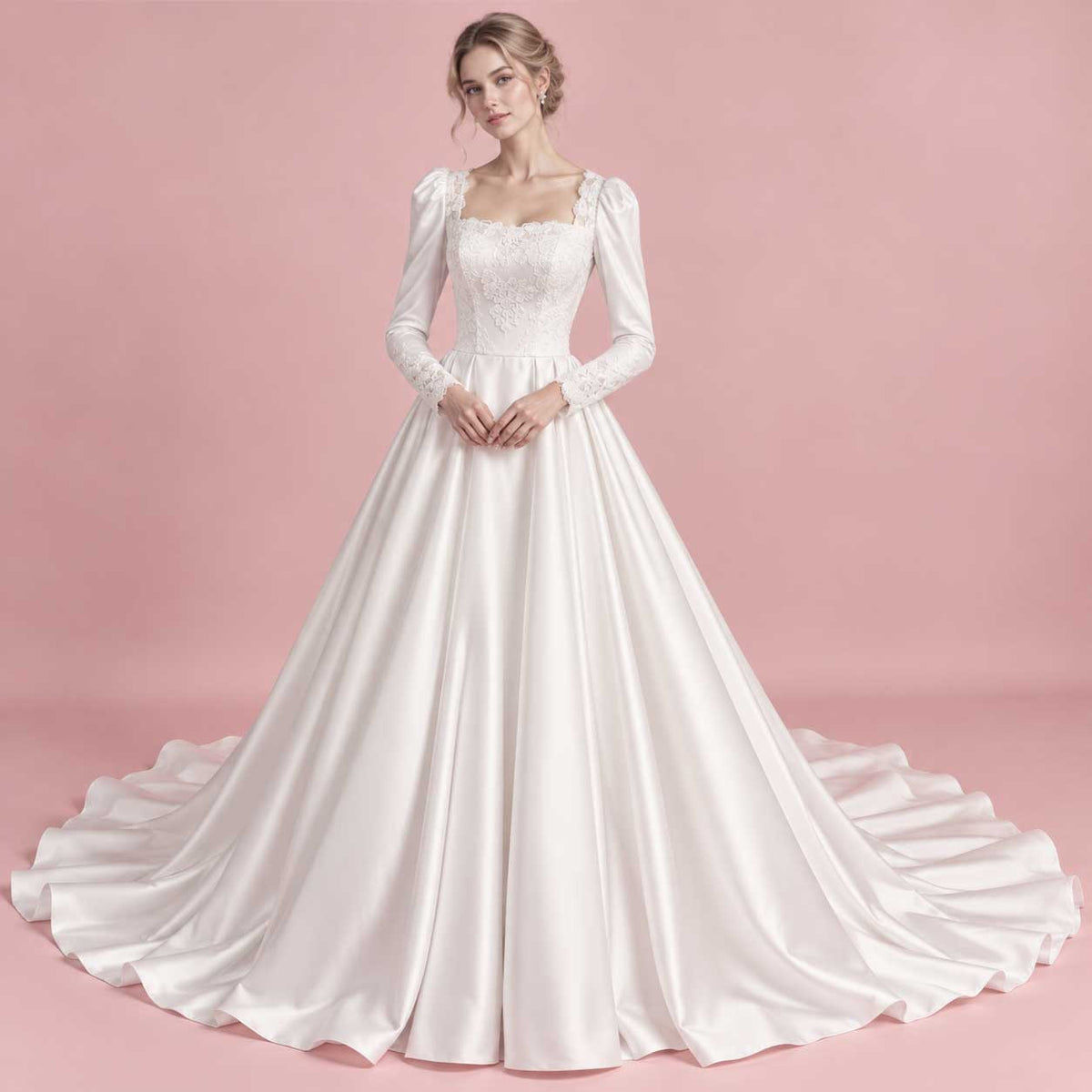 Classic Ball Gown Wedding Dress with Square Neckline and Lace Accents | WJ2403