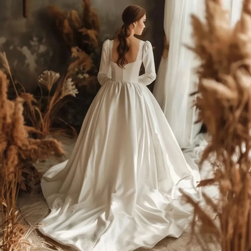 Unique Ball Gown Square Neckline Lace Long White Wedding Dresses Brides Dress DP421 main image 0