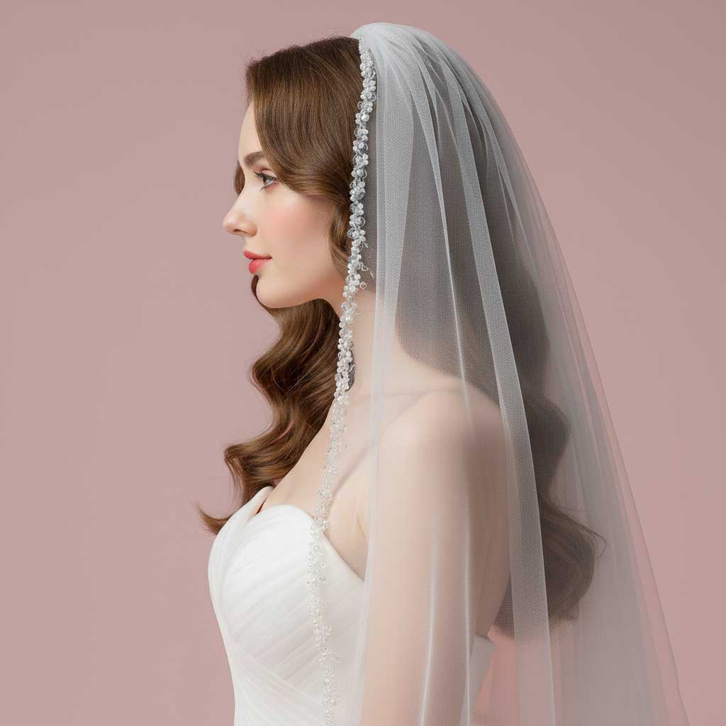 Elegant Wedding Veil with Pearl and Beaded Edge