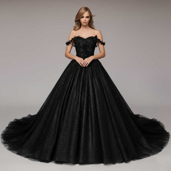 Black Lace Ball Gown Wedding Dress with Lace Straps | TYRA