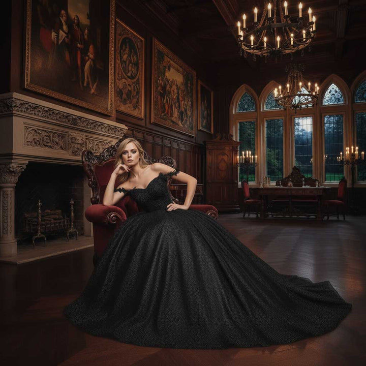 Black Lace Ball Gown Wedding Dress with Lace Straps | TYRA