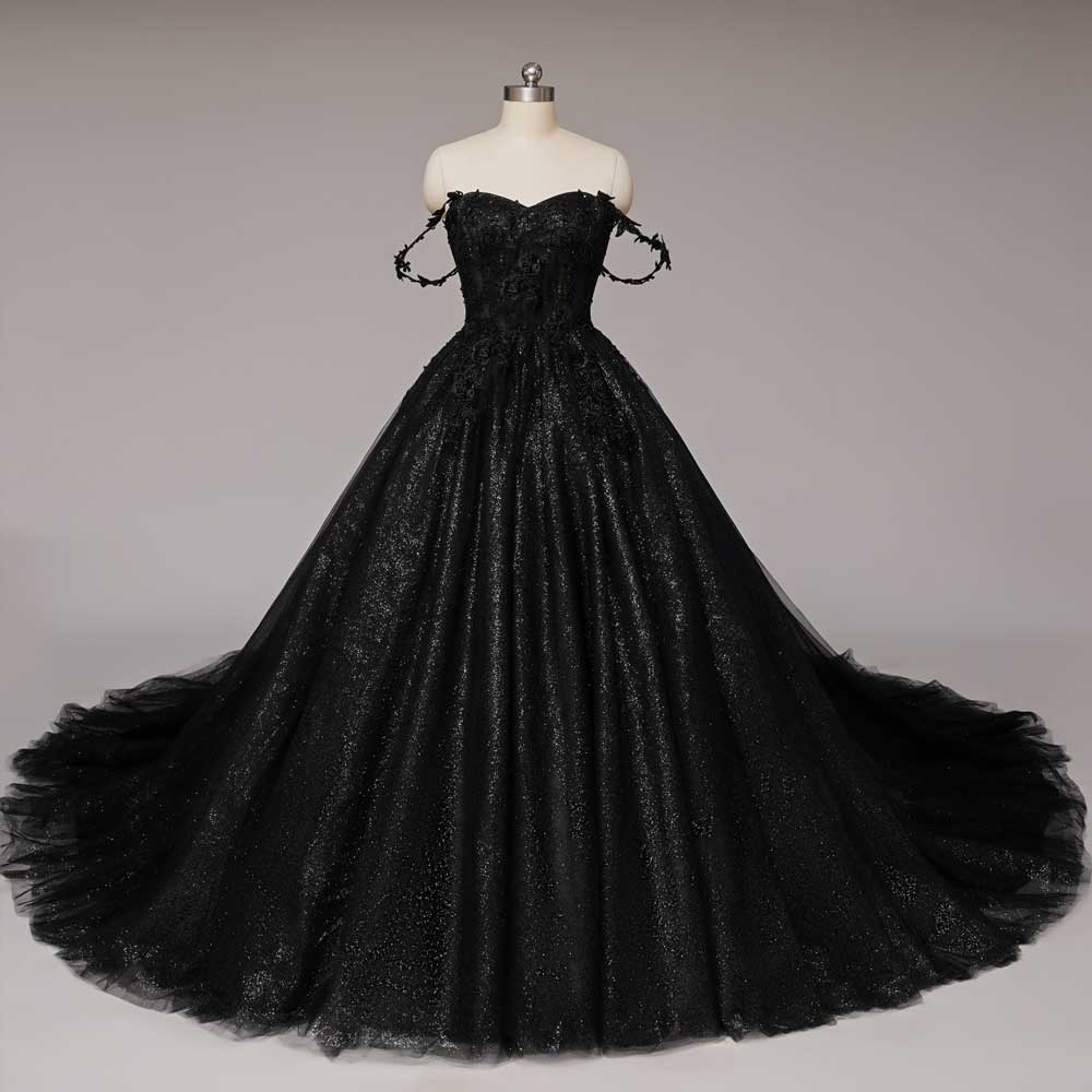 Black Lace Ball Gown Wedding Dress with Lace Straps