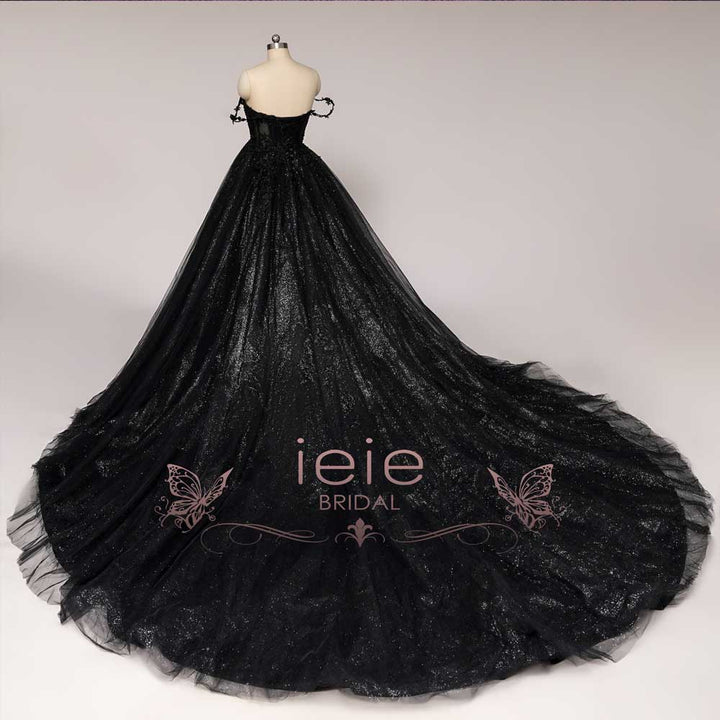 Black Lace Ball Gown Wedding Dress with Lace Straps