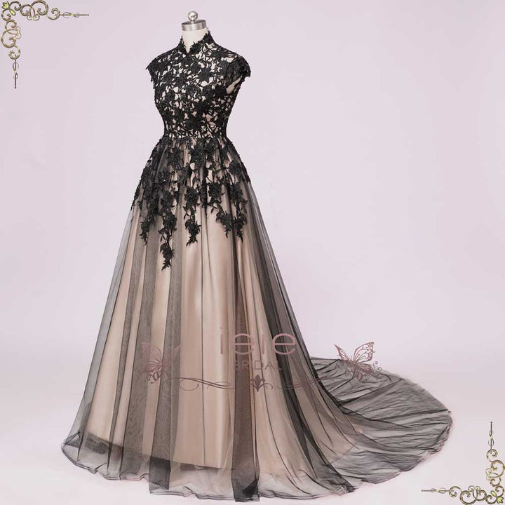 Black Lace Wedding Dress with Mandarin Collar | BELLATRIX