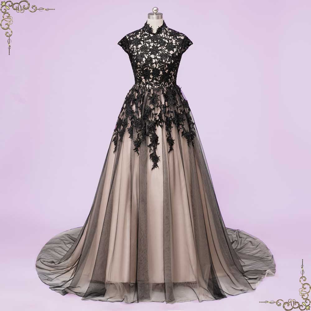 Black Lace Wedding Dress with Mandarin Collar | BELLATRIX – ieie Bridal