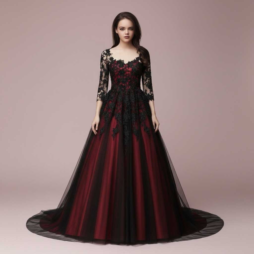 Gothic Black Lace Wedding Dress with Red Lining BLAIR