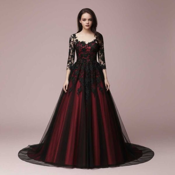 Gothic Black Lace Wedding Dress with Red Lining BLAIR