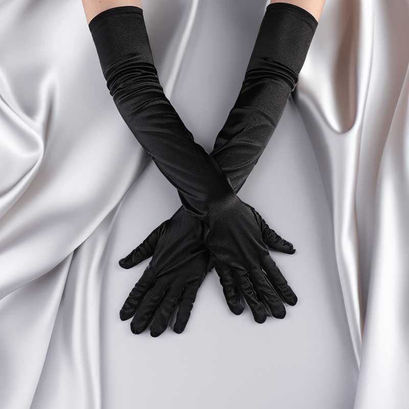 Black Long Opera Satin Gloves for Black Tie, Gala, Formal Occasions AC1011