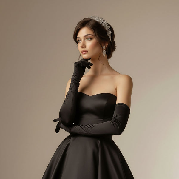 Black Long Opera Satin Gloves for Black Tie, Gala, Formal Occasions AC1011