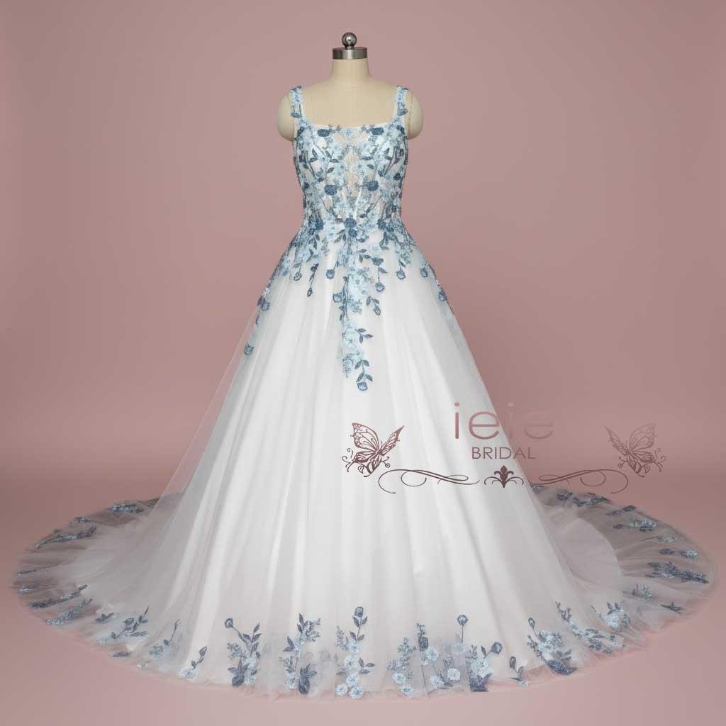Blue Floral Lace Wedding Dress