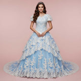Blue Tiered Lace Wedding Dress with Short Sleeves ROLYN