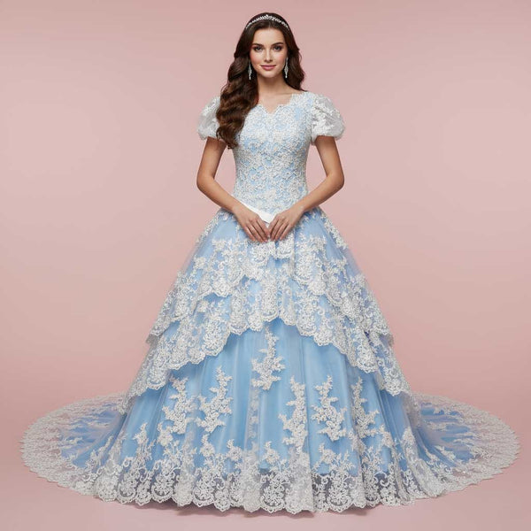 Blue Tiered Lace Wedding Dress with Short Sleeves ROLYN