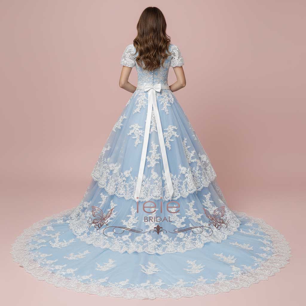Blue Tiered Lace Wedding Dress with Short Sleeves ROLYN
