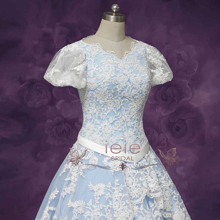 Blue Tiered Lace Wedding Dress with Short Sleeves ROLYN Blue / Size 16 Blue Tiered Lace Wedding Dress with Short Sleeves ROLYN Blue / Size 16