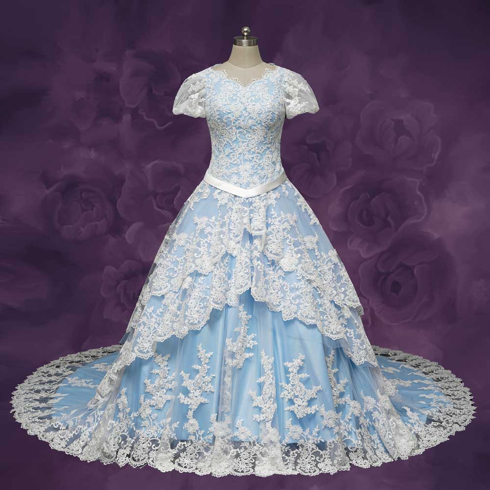Blue Tiered Lace Wedding Dress with Short Sleeves ROLYN