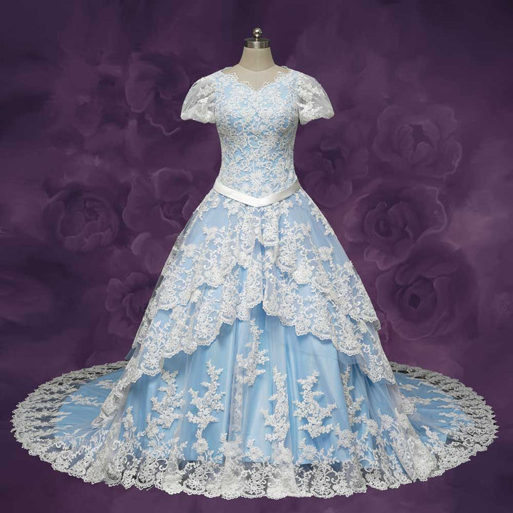 Blue Tiered Lace Wedding Dress with Short Sleeves ROLYN