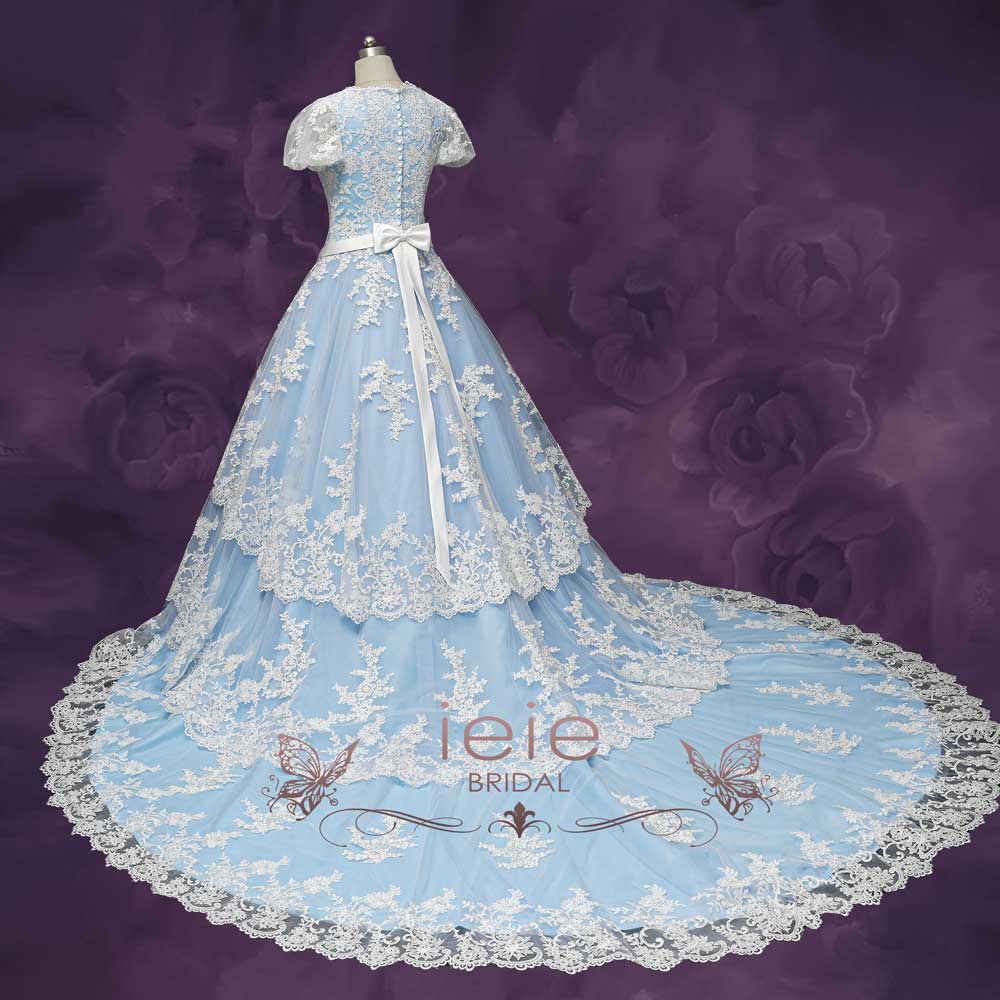 Blue Tiered Lace Wedding Dress with Short Sleeves ROLYN