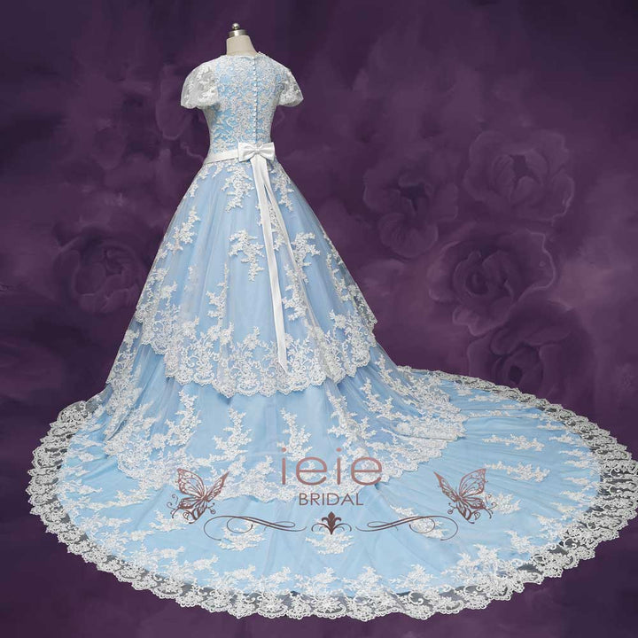 Blue Tiered Lace Wedding Dress with Short Sleeves ROLYN