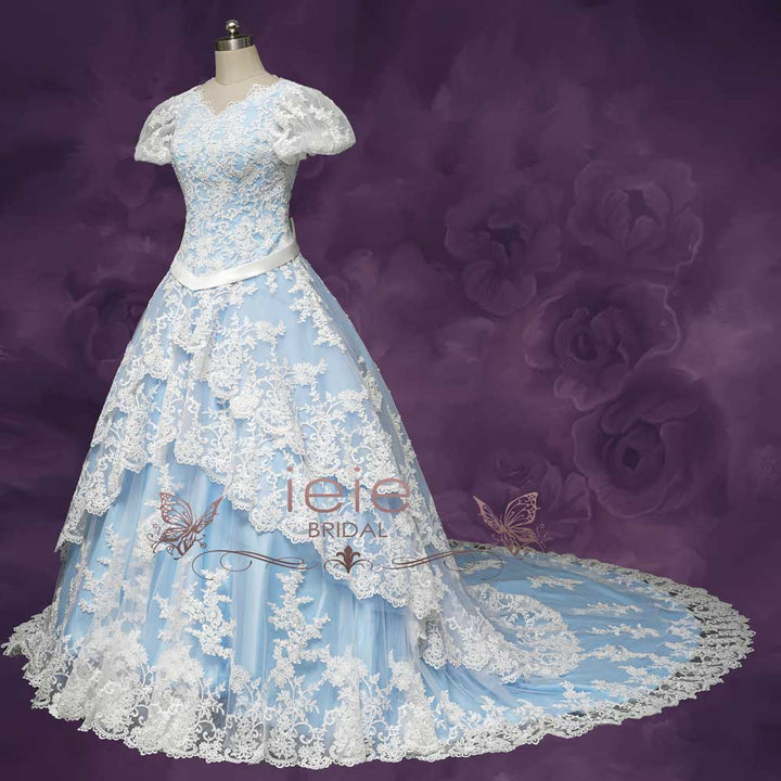 Blue Tiered Lace Wedding Dress with Short Sleeves ROLYN