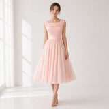 Vintage Style Peach Blush 50s tea length Formal Prom Dress | YD12084
