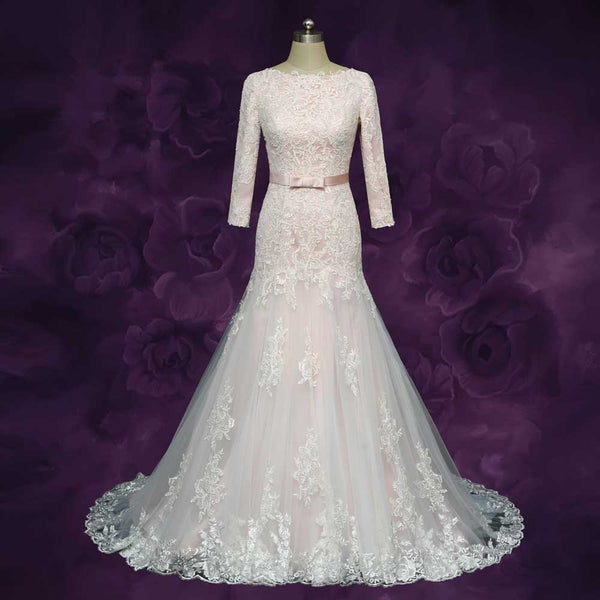 Blush Long Sleeves Lace Wedding Dress with Drop Waist GENELLE