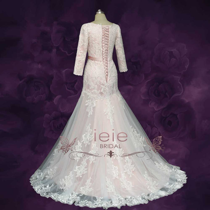 Blush Long Sleeves Lace Wedding Dress with Drop Waist GENELLE Size 4 / Blush Blush Long Sleeves Lace Wedding Dress with Drop Waist GENELLE Size 4 / Blush
