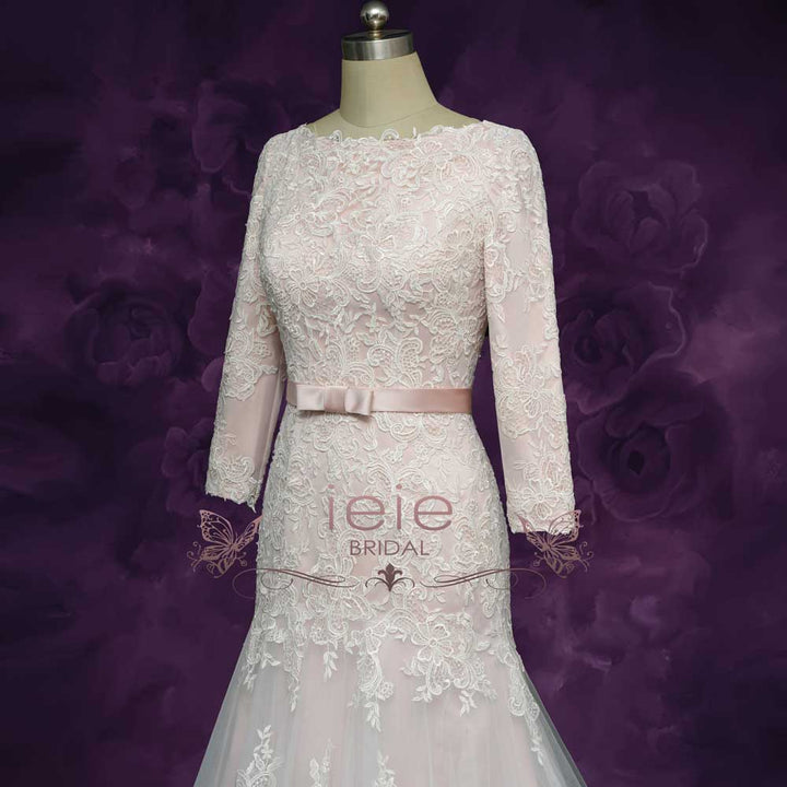 Blush Long Sleeves Lace Wedding Dress with Drop Waist GENELLE Size 4 / Blush Blush Long Sleeves Lace Wedding Dress with Drop Waist GENELLE Size 4 / Blush