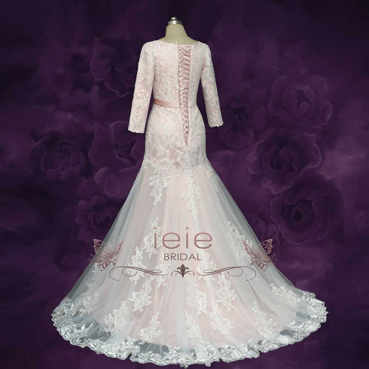Blush Long Sleeves Lace Wedding Dress with Drop Waist GENELLE Size 4 / Blush Blush Long Sleeves Lace Wedding Dress with Drop Waist GENELLE Size 4 / Blush
