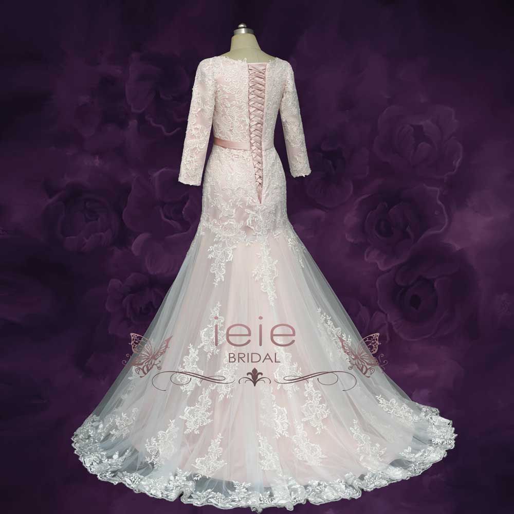 Blush Long Sleeves Lace Wedding Dress with Drop Waist GENELLE