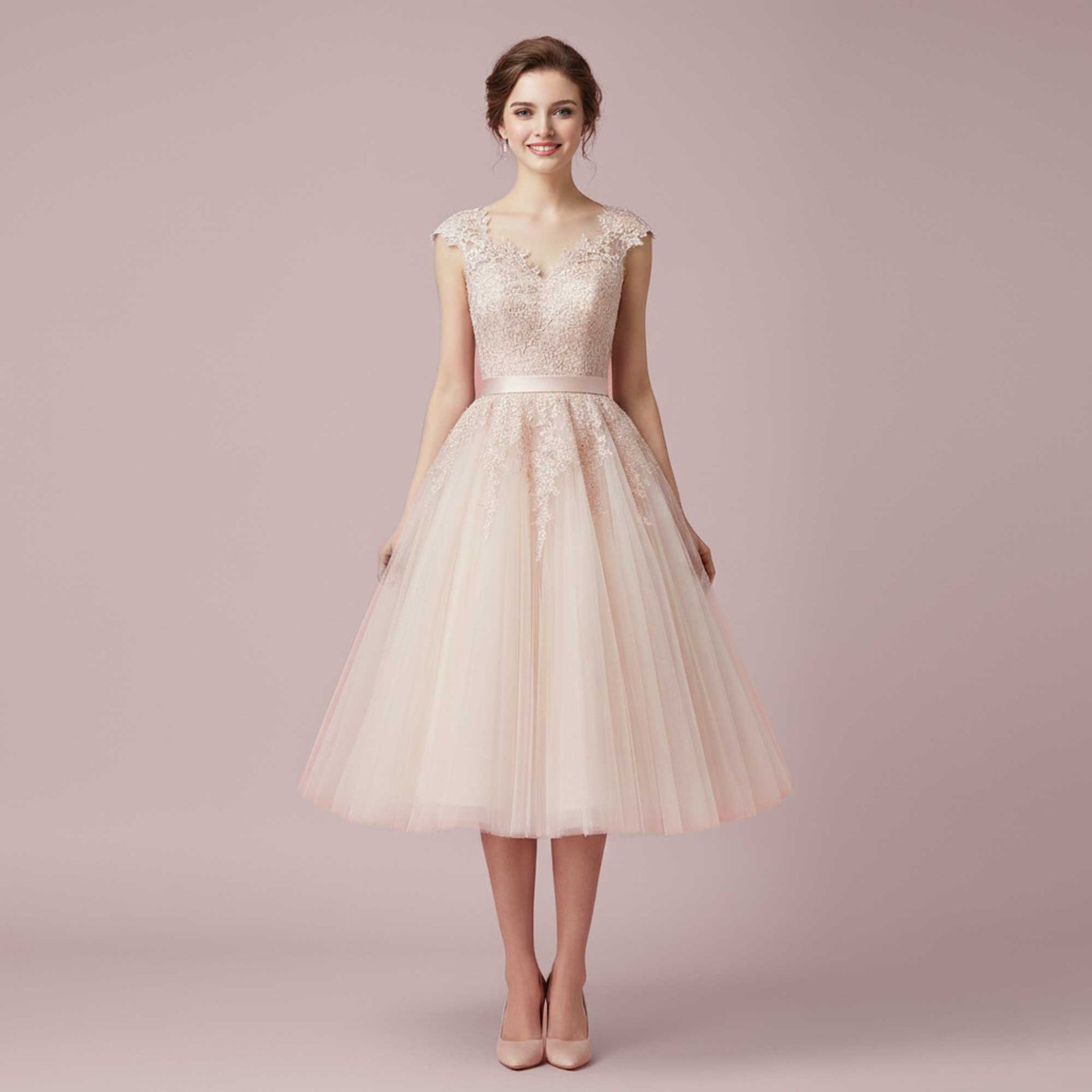Vintage Blush Tea Length Wedding Dress with Illusion Neck
