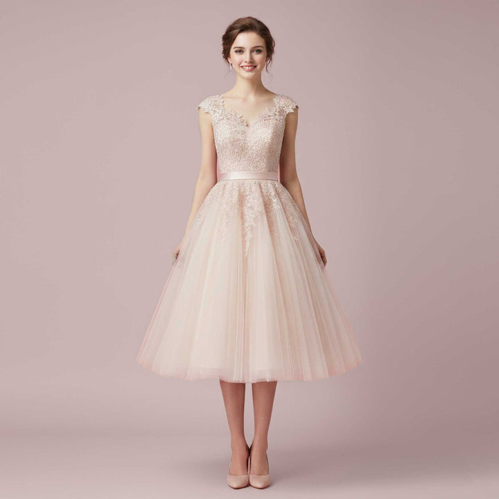 Vintage Blush Tea Length Wedding Dress with Illusion Neck | AELLA