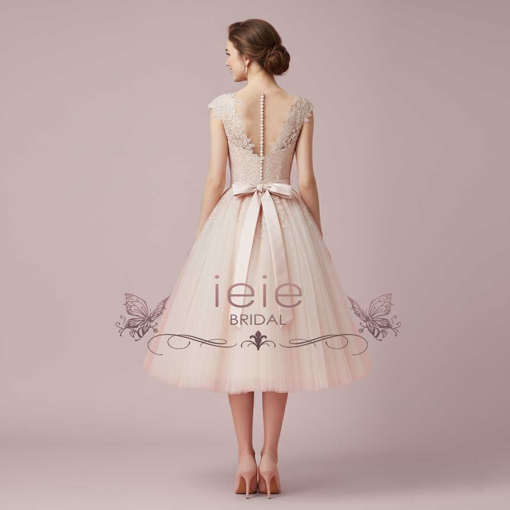 Vintage Blush Tea Length Wedding Dress with Illusion Neck | AELLA