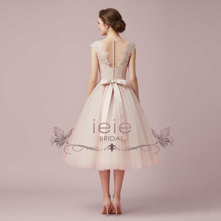 Vintage Blush Tea Length Wedding Dress with Illusion Neck | AELLA