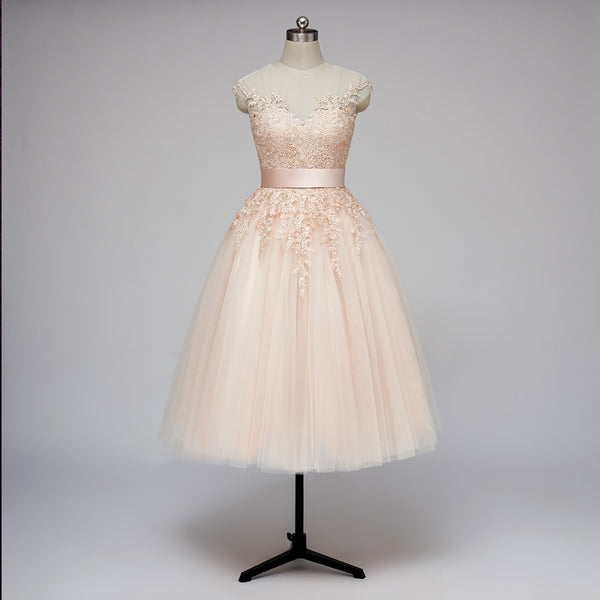 Vintage Blush Tea Length Wedding Dress with Illusion Neck | AELLA