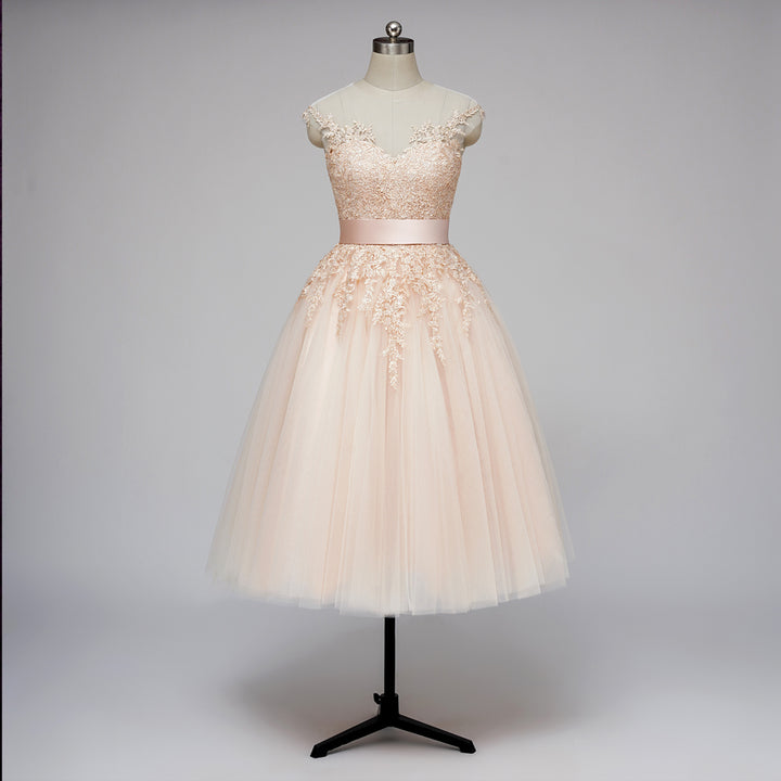 Vintage Blush Tea Length Wedding Dress with Illusion Neck | AELLA Size 24W / Blush Vintage Blush Tea Length Wedding Dress with Illusion Neck | AELLA Size 24W / Blush