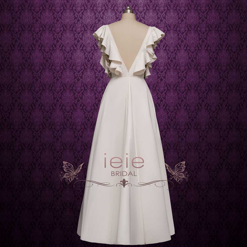 Simple Elegant Minimalist Wedding Dress with Ruffle Sleeves and Open B ...