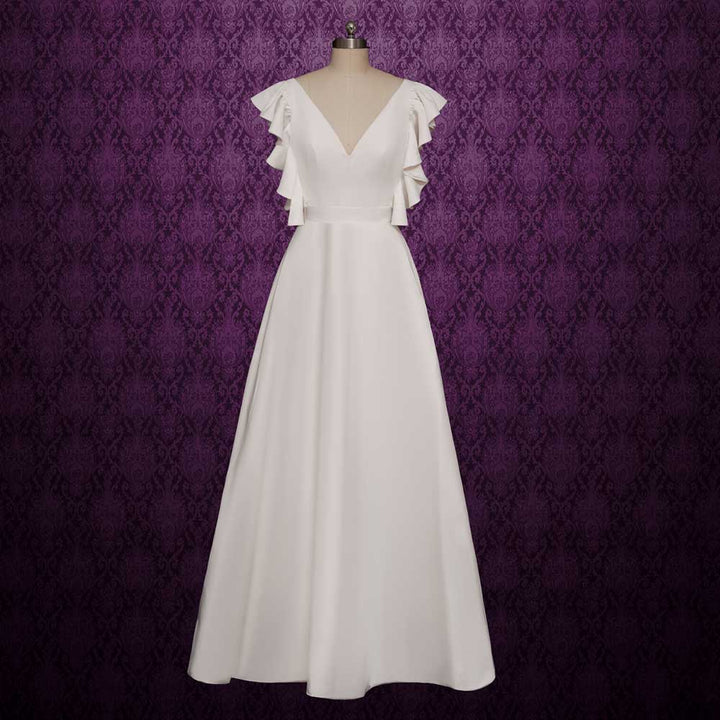 Simple Elegant Minimalist Wedding Dress with Ruffle Sleeves and Open Back | Burton White / Size 28W Simple Elegant Minimalist Wedding Dress with Ruffle Sleeves and Open Back | Burton White / Size 28W