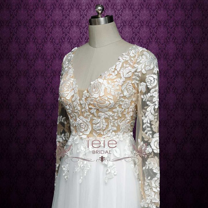 Vintage Rose Lace Wedding Dress with Plunging V Neck and Illusion Back MONROE Size 6 / Ivory Vintage Rose Lace Wedding Dress with Plunging V Neck and Illusion Back MONROE Size 6 / Ivory
