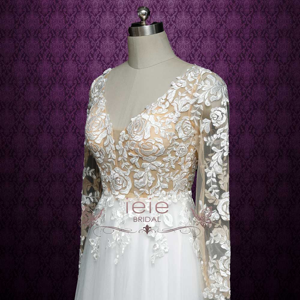 Vintage Rose Lace Wedding Dress with Plunging V Neck and Illusion Back MONROE