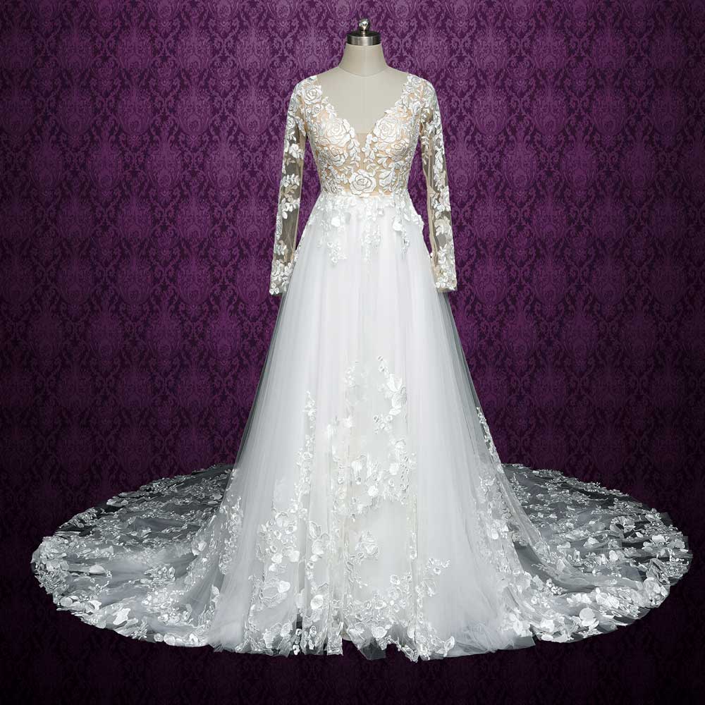 Vintage Rose Lace Wedding Dress with Plunging V Neck and Illusion Back MONROE