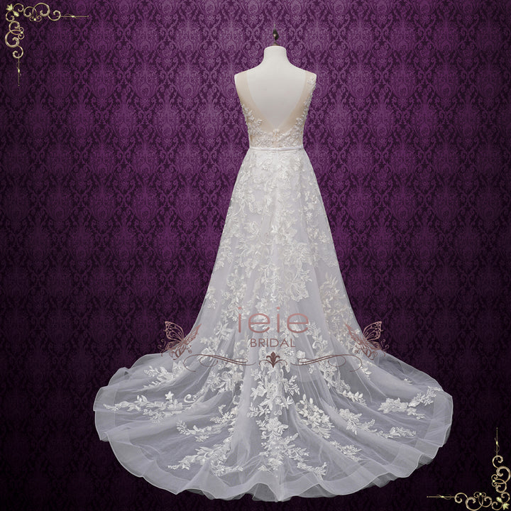 Lace Boho Slim A-line Wedding Dress with Illusion Neckline GREELEY