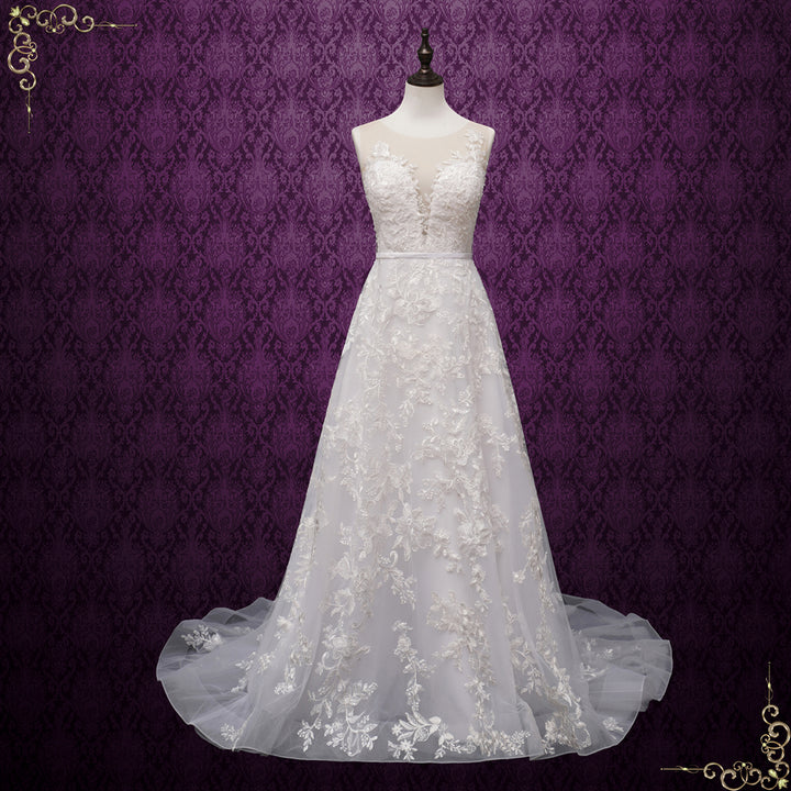Lace Boho Slim A-Line Wedding Dress with Illusion Neckline Greeley Size 14 / Ivory Lace Boho Slim A-Line Wedding Dress with Illusion Neckline Greeley Size 14 / Ivory
