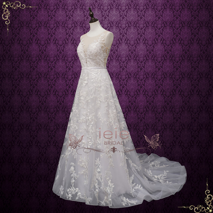 Lace Boho Slim A-line Wedding Dress with Illusion Neckline GREELEY