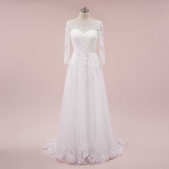 Slim A-line Lace Wedding Dress with Long Sleeves | CADENCE White / Size 2 Slim A-line Lace Wedding Dress with Long Sleeves | CADENCE White / Size 2